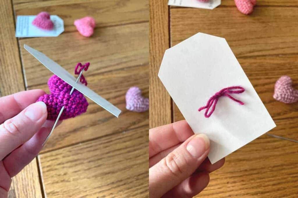 Attaching hearts to printable cards. 