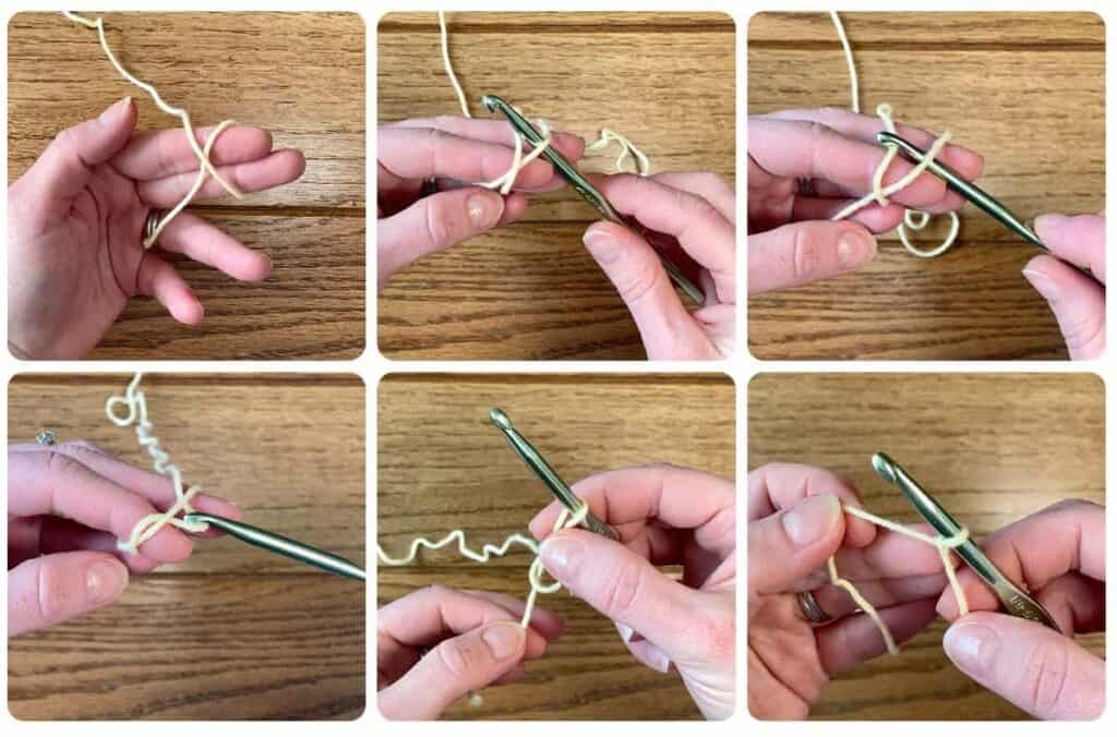 Step by step photos of making a slip knot on a crochet hook. 