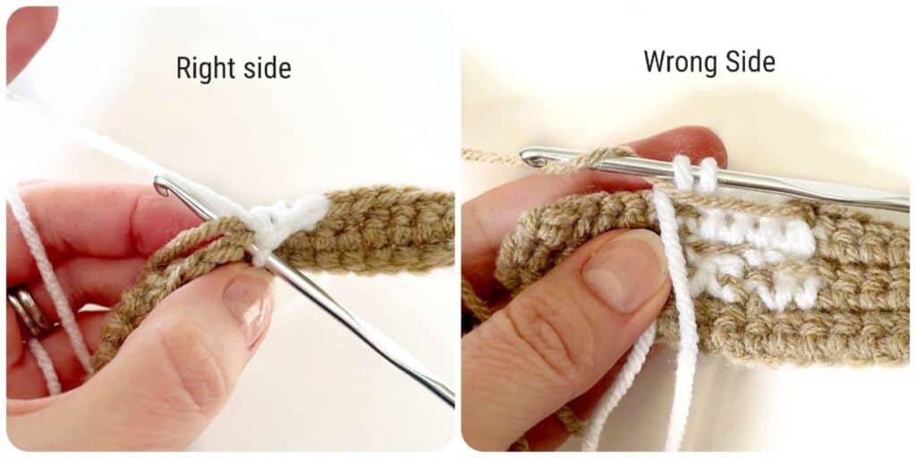 Side by side image showing right side and wrong side of crochet colorwork on Easter bunny bunting.  