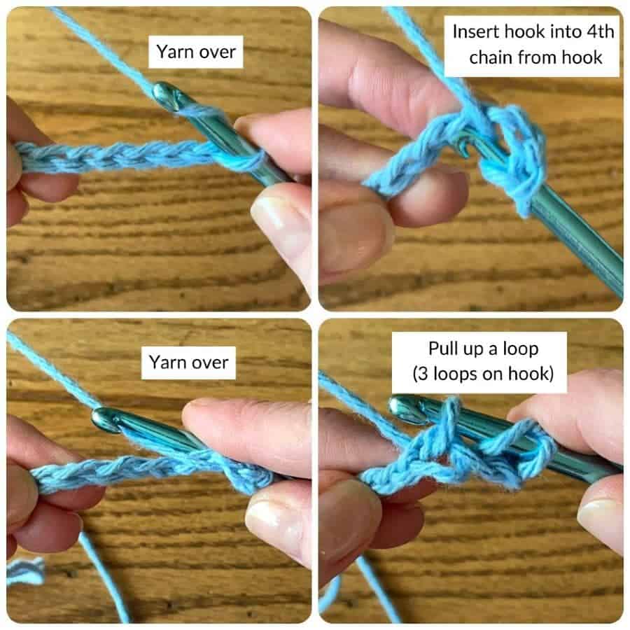 Steps of how to double crochet in a collage. 