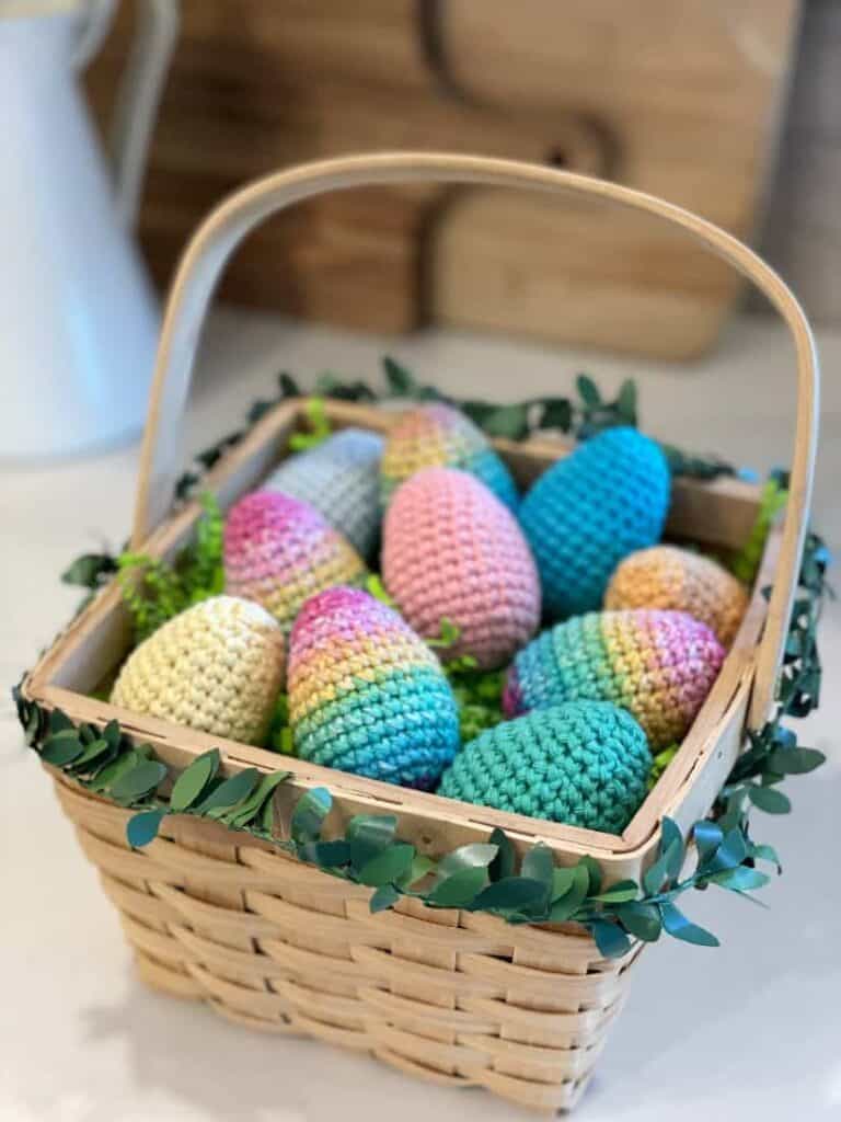 Crocheted Easter eggs in a basket