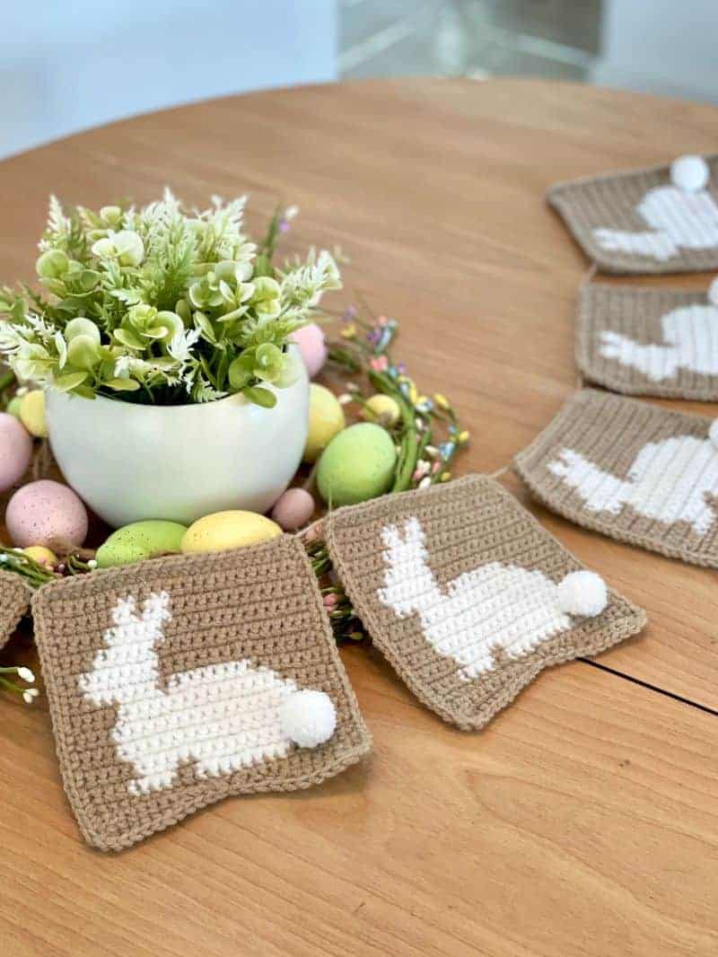 Crochet Easter bunny bunting on table
