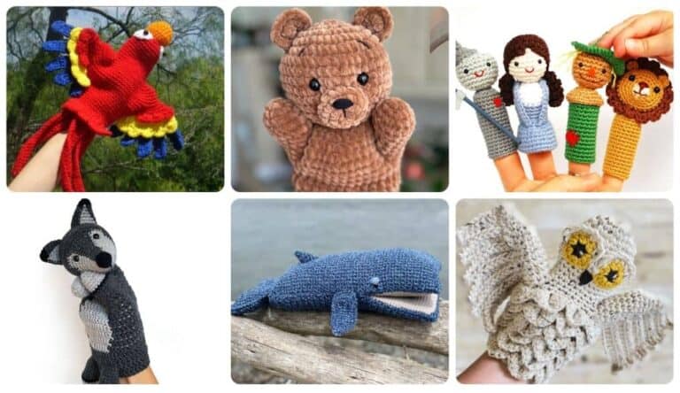 Collage of crochet puppet photos