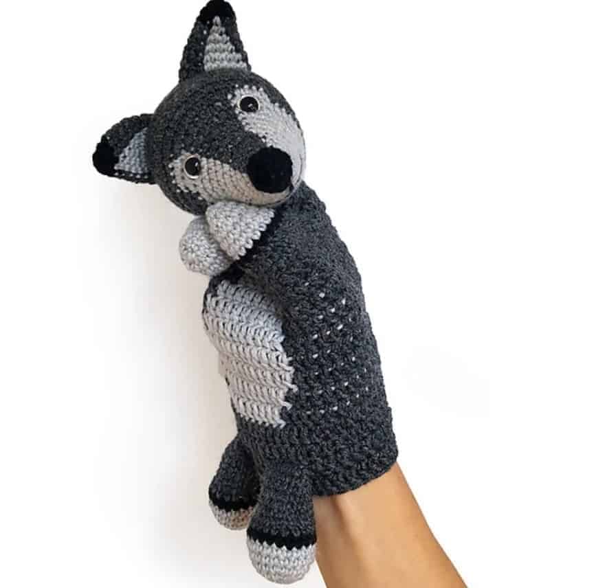 Photo of crochet wolf hand puppet
