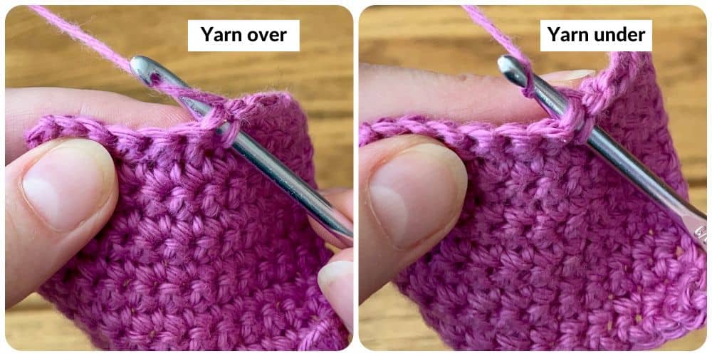 Photos showing the yarn over and yarn under methods
