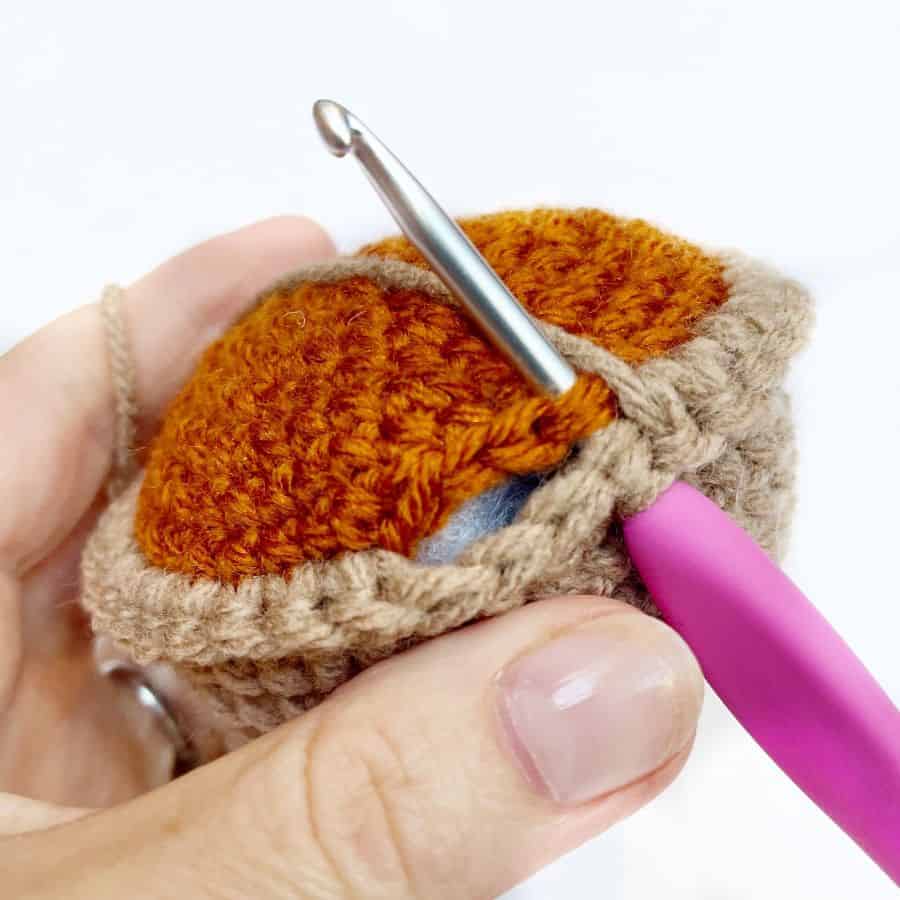 Crocheting layers of amigurumi pumpkin pie together