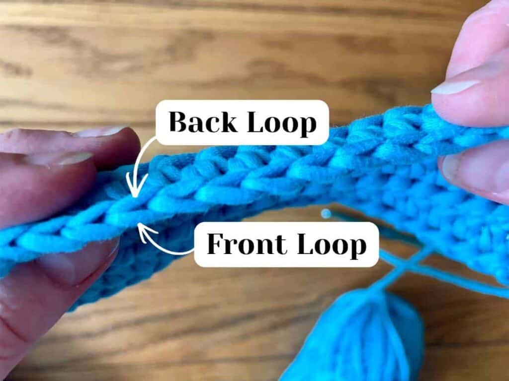 Crochet back and front loops, labeled with overlay text